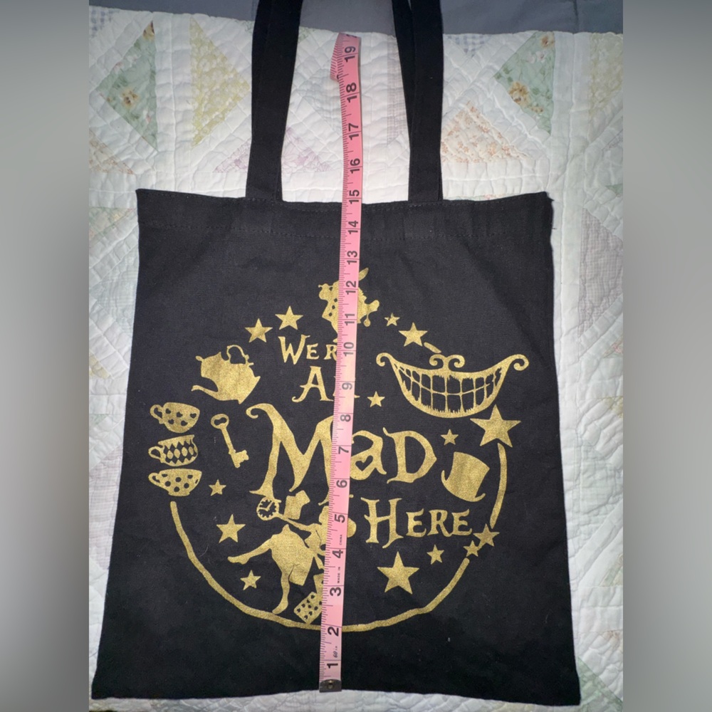💥SALE ‘We’re All Mad Here” Tote Bag | Alice in Wonderland Quote | Black & Gold - Picture 6 of 7